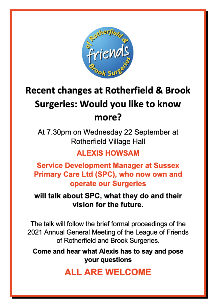Friends of Rotherfield and Brook Surgeries AGM poster